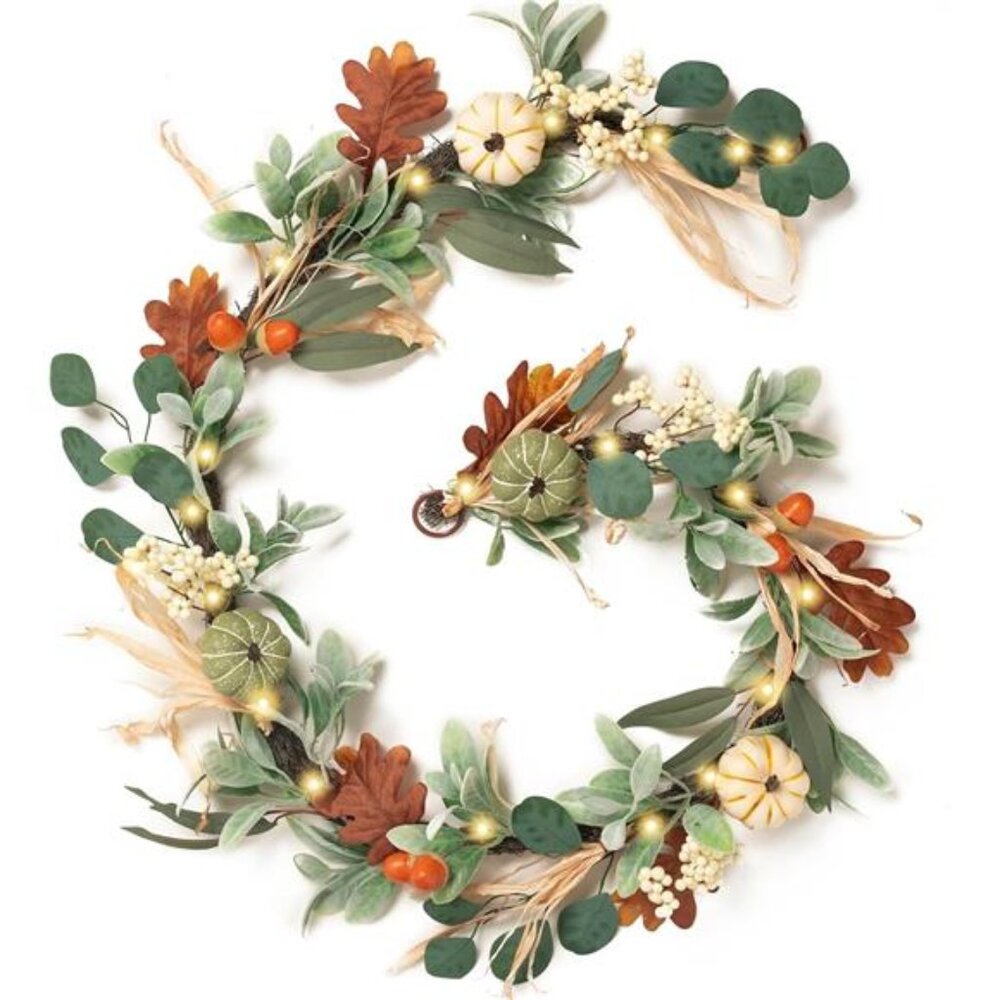 6ft Fall Garland with‎ Pumpkins & Lights for Mantel, Autumn Thanksgiving Decor